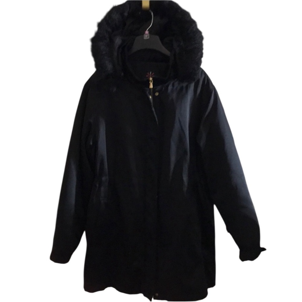 Isaac Mizrahi size Xl black satin winter coat with removable hood & waist cinch